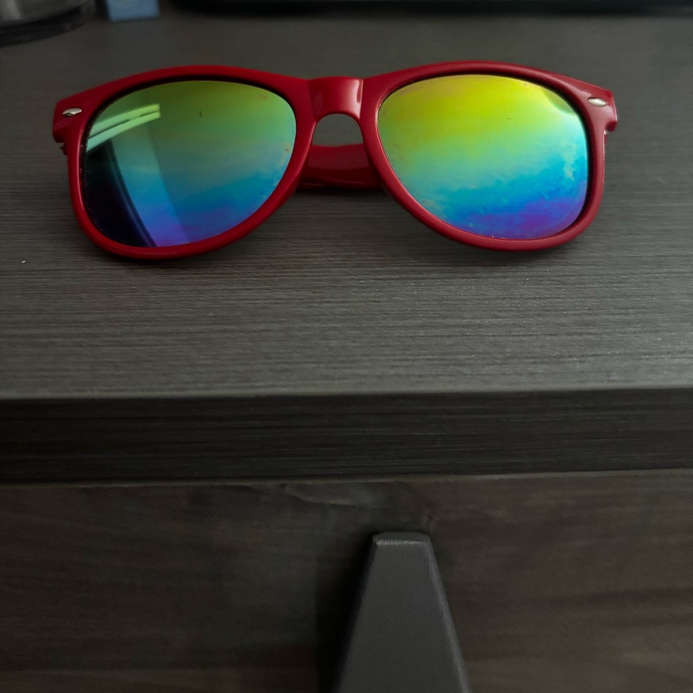 Red Sunglasses with Rainbow Lenses
